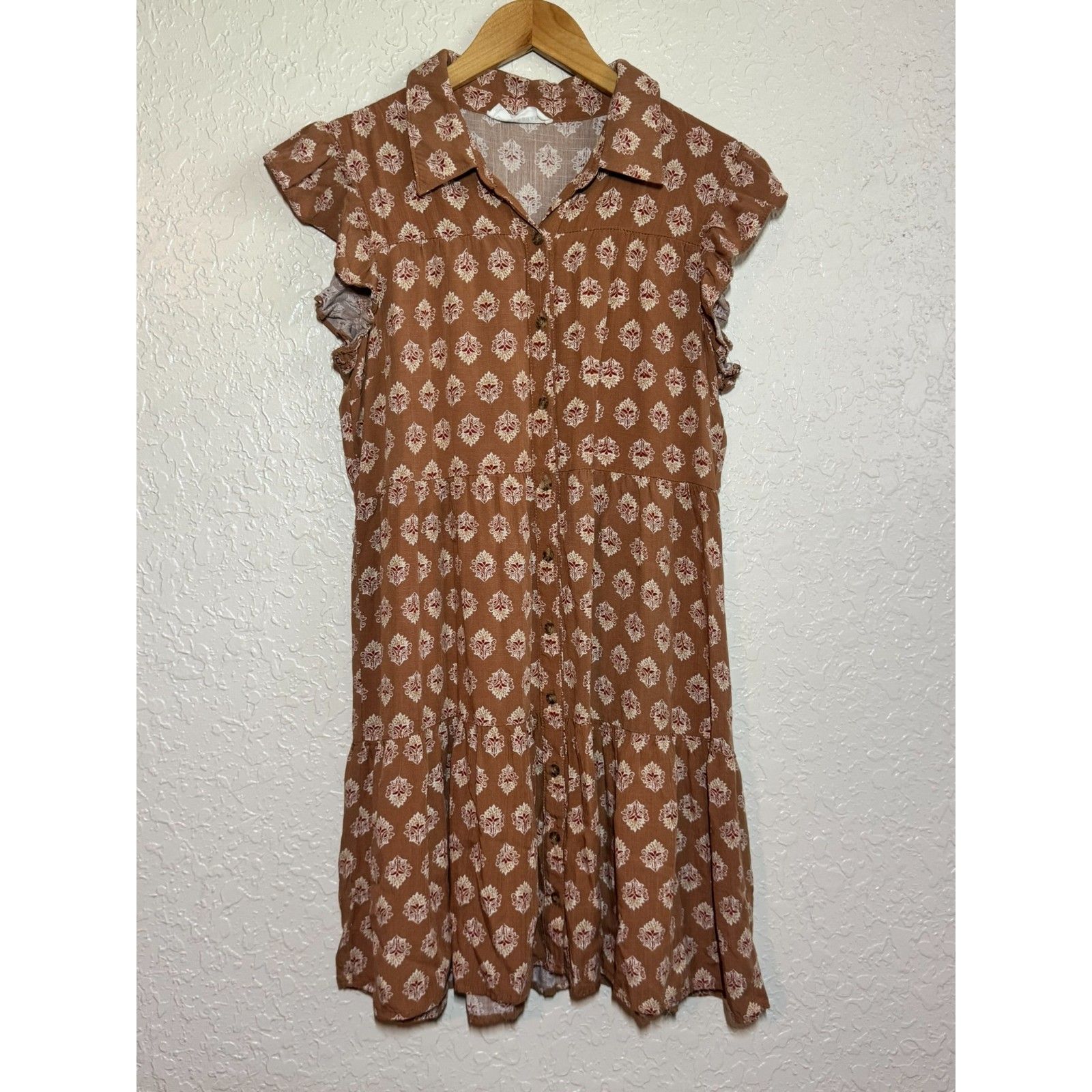 Lucky Brand Tiered Button Front Brown Flutter Sleeve Dress Medium